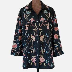 SilkLand Jacket Size 1X Black Colorful Floral Lined Embroidered Beaded Silk